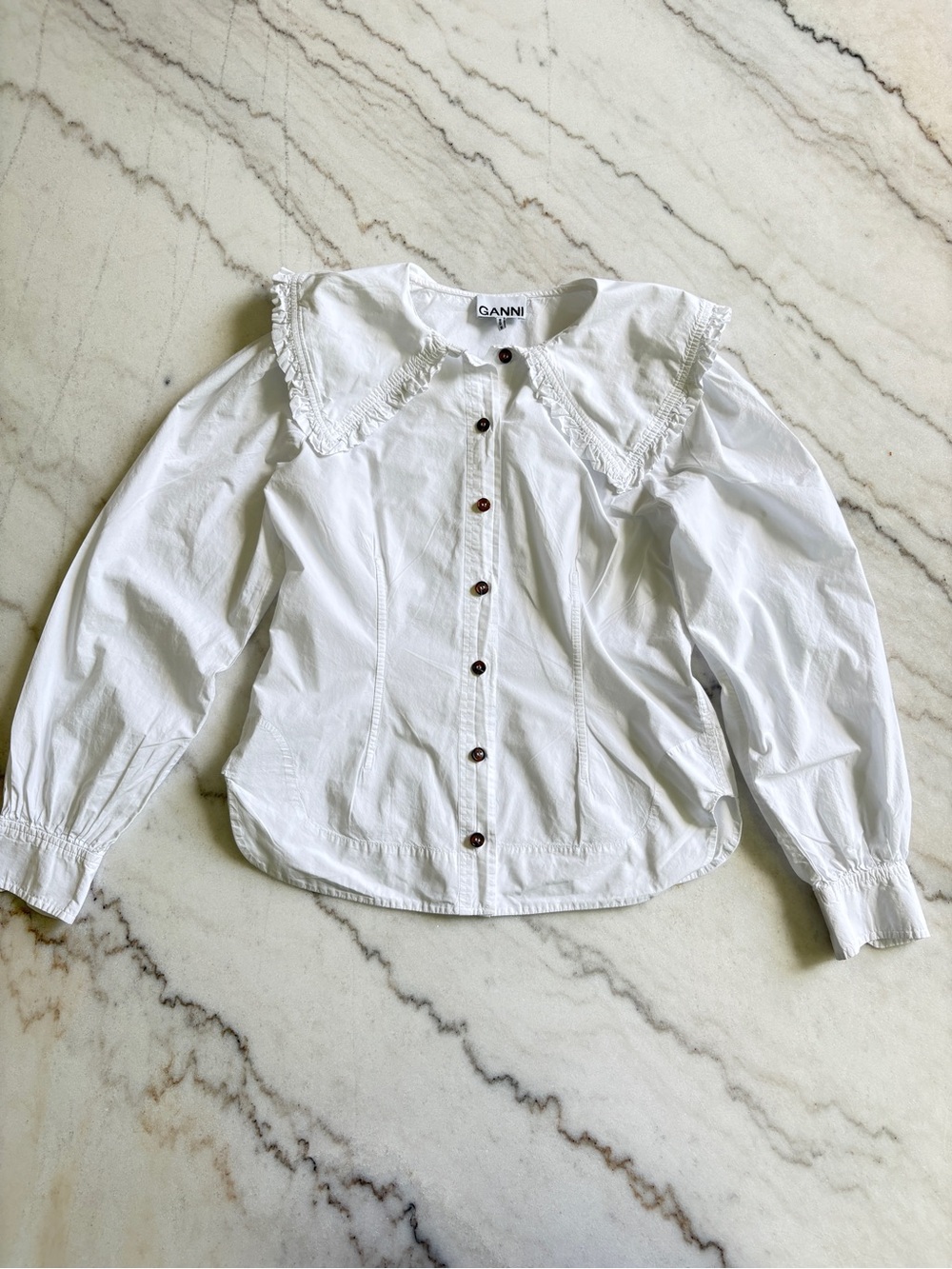 Ganni White Ruffle-Trim Button Front Top - Picture 2 of 8